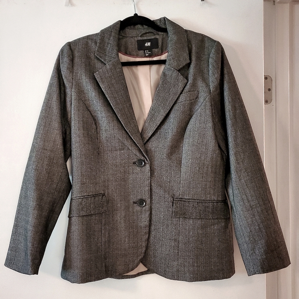 EUC H&M Dark Academia Herringbone Elbow Patch Suit Jacket Blazer 12